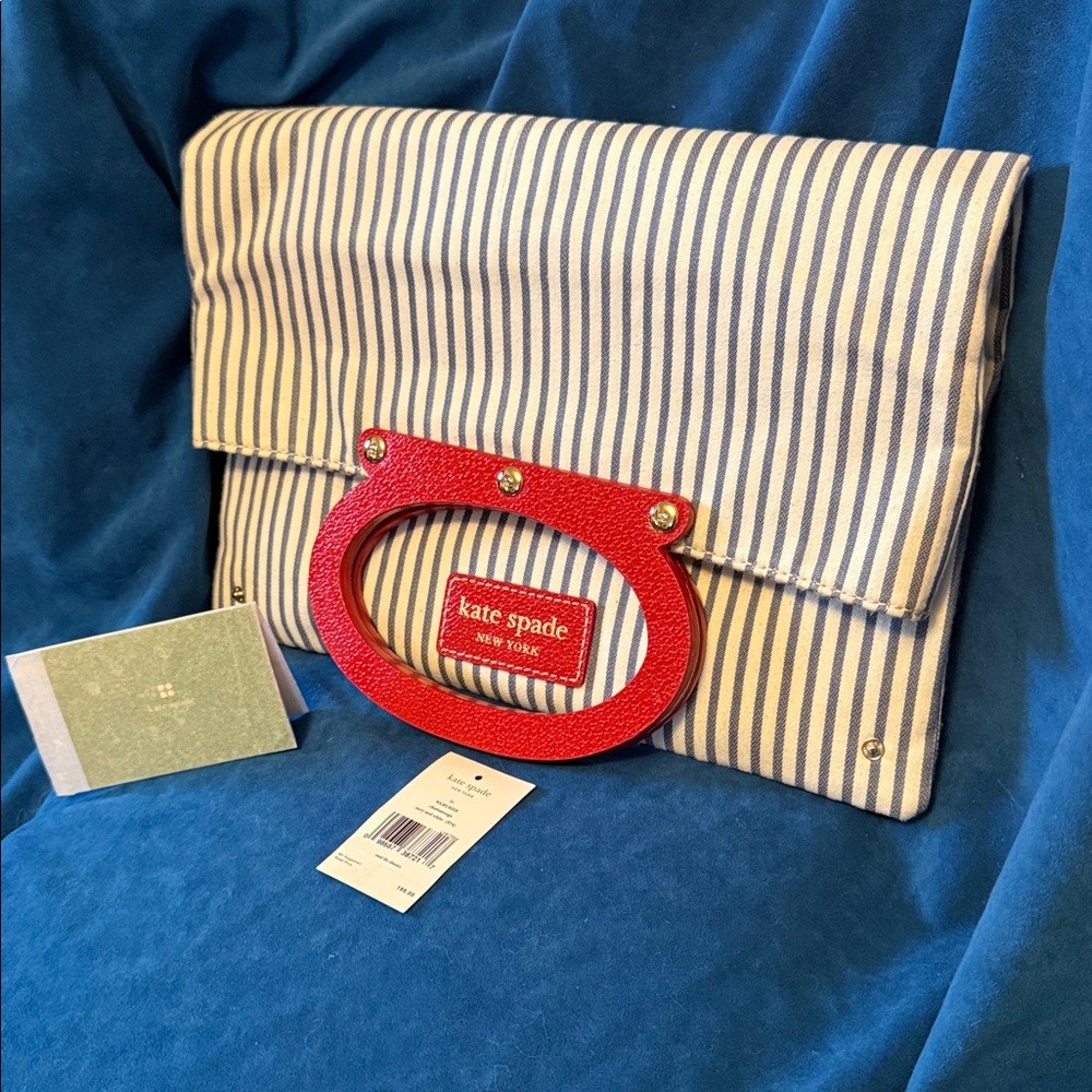 NWT large Kate Spade Blue and White Striped envelope Clutch with Red Handle